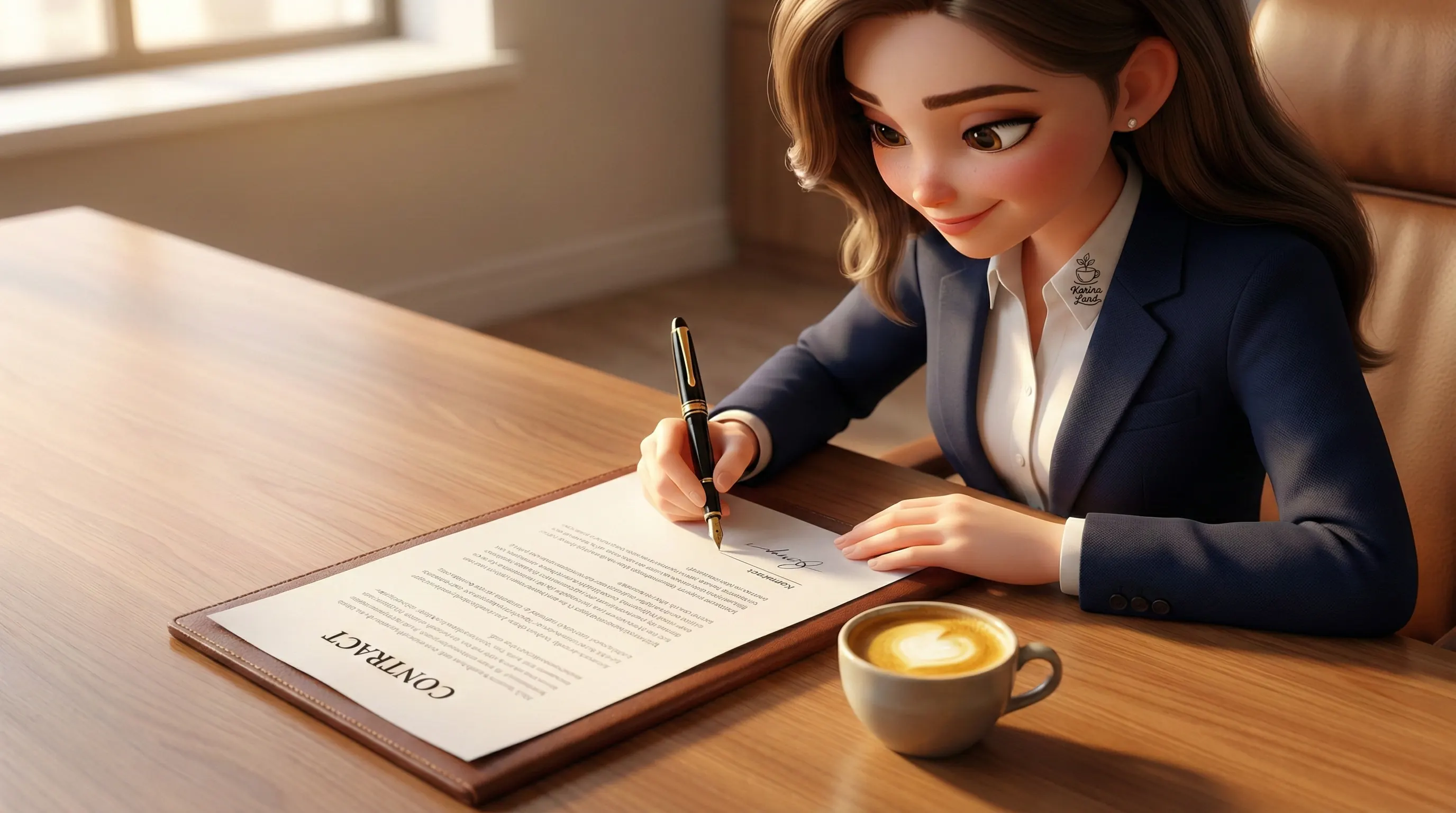 کارینا در حال امضا کردن قرارداد تجاری مهم در کنار یک فنجان اسپرسو؛ تاثیر کافئین بر تمرکز و تصمیم‌گیری.