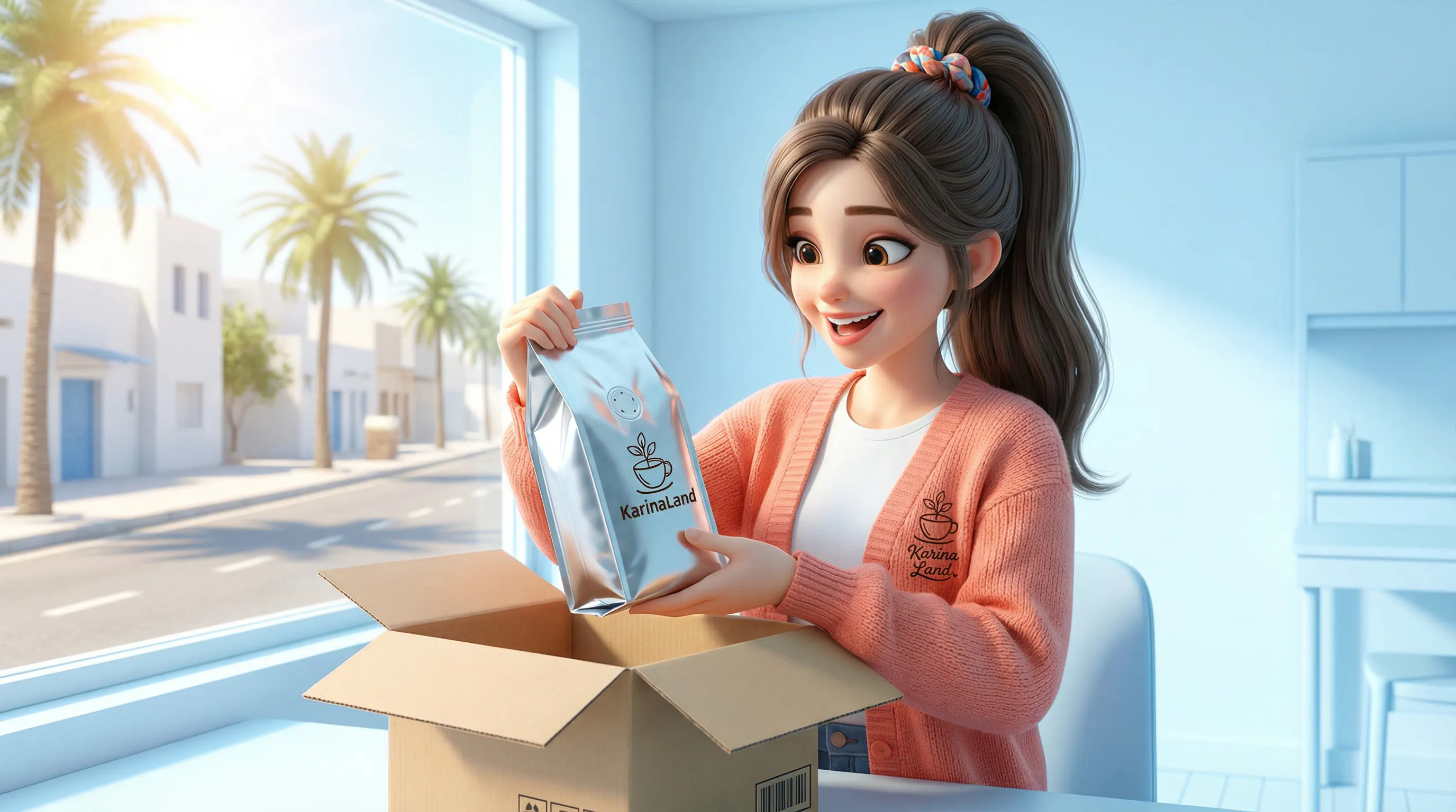 کارینا با خوشحالی در حال آنباکسینگ بسته پستی قهوه تازه و ضد رطوبت کارینالند در بوشهر.
