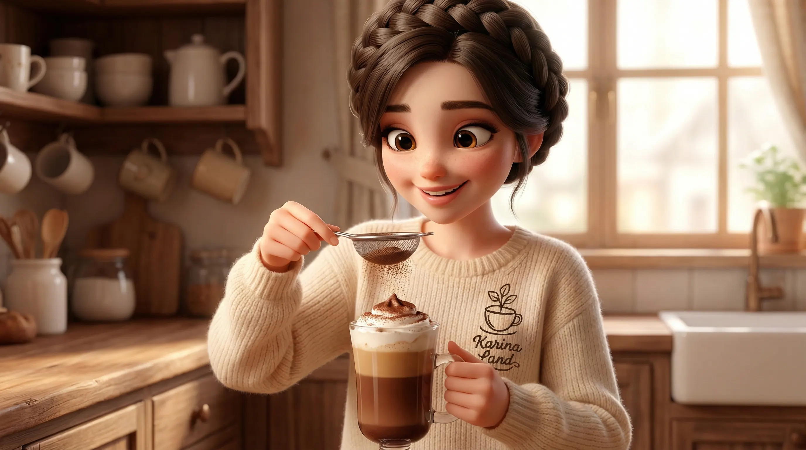 قهوه موکا خانگی: کارینا با لباس زمستانی در حال تزیین موکا با پودر کاکائو