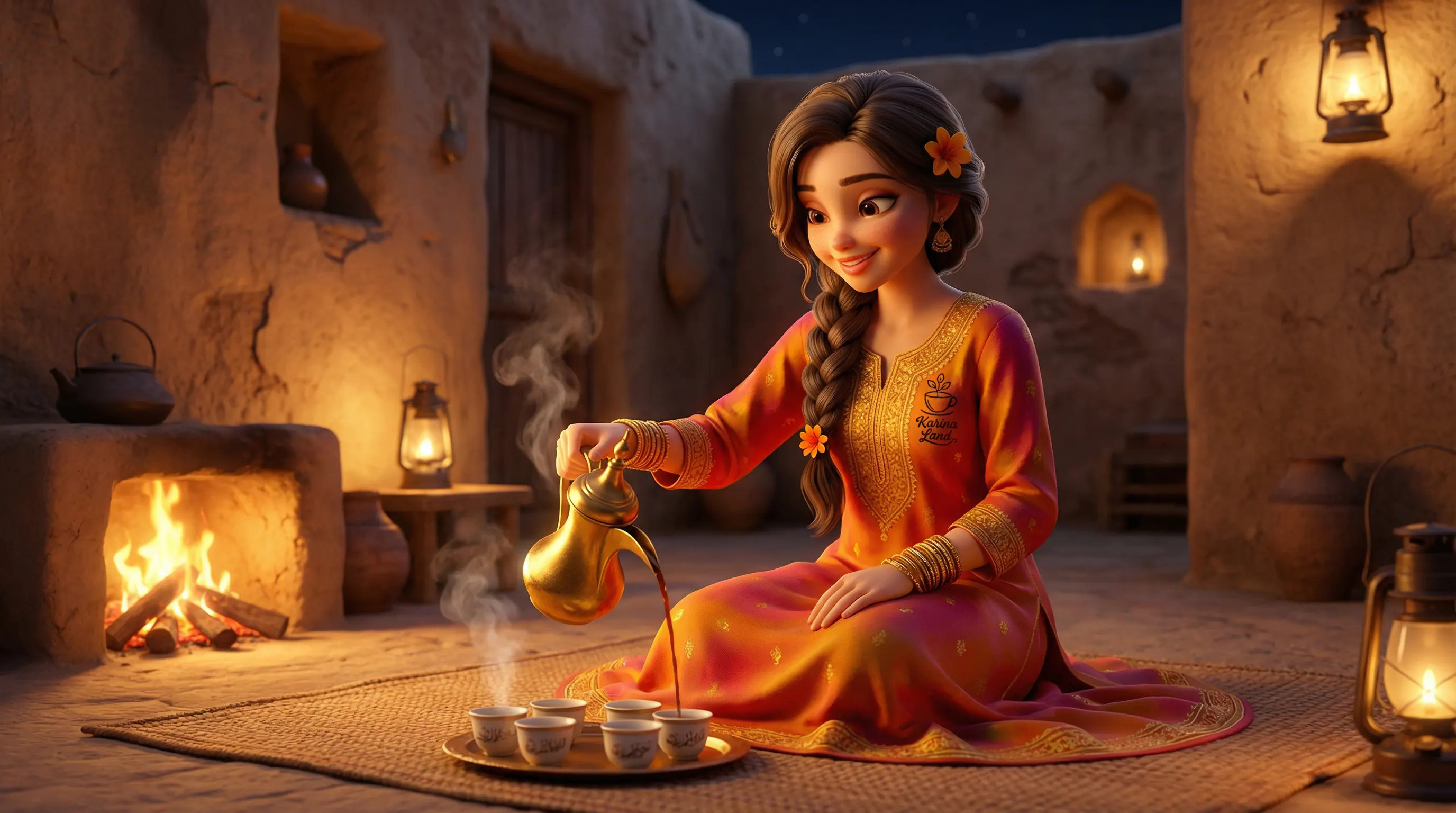 کارینا با لباس سنتی در یک شبنشینی بوشهری در حال سرو قهوه عربی با دله و لذت بردن از عطر آن.