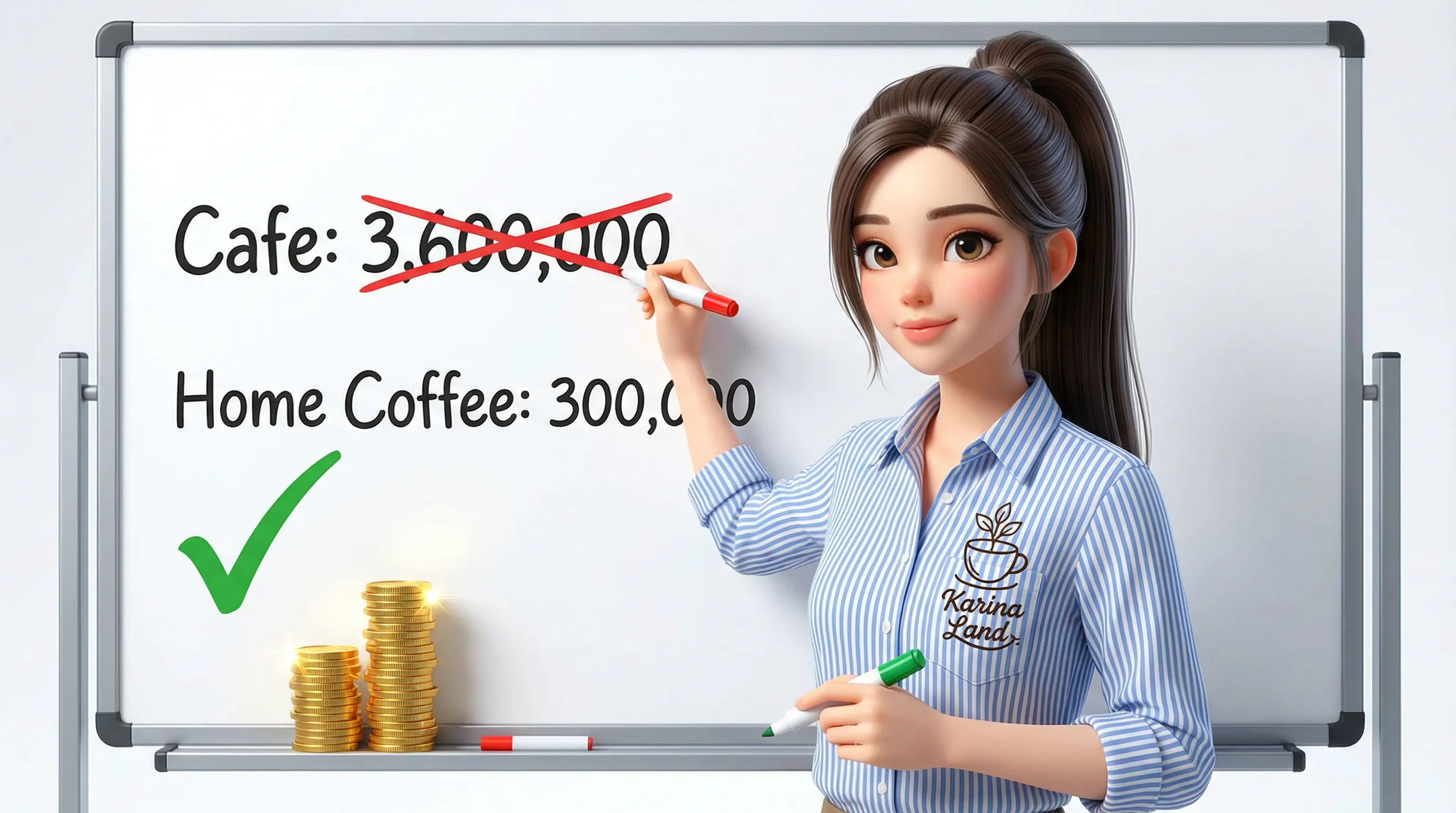 کارینا در حال محاسبه و مقایسه هزینه میلیونی کافه با هزینه اندک قهوه خانگی و نشان دادن پسانداز طلایی.