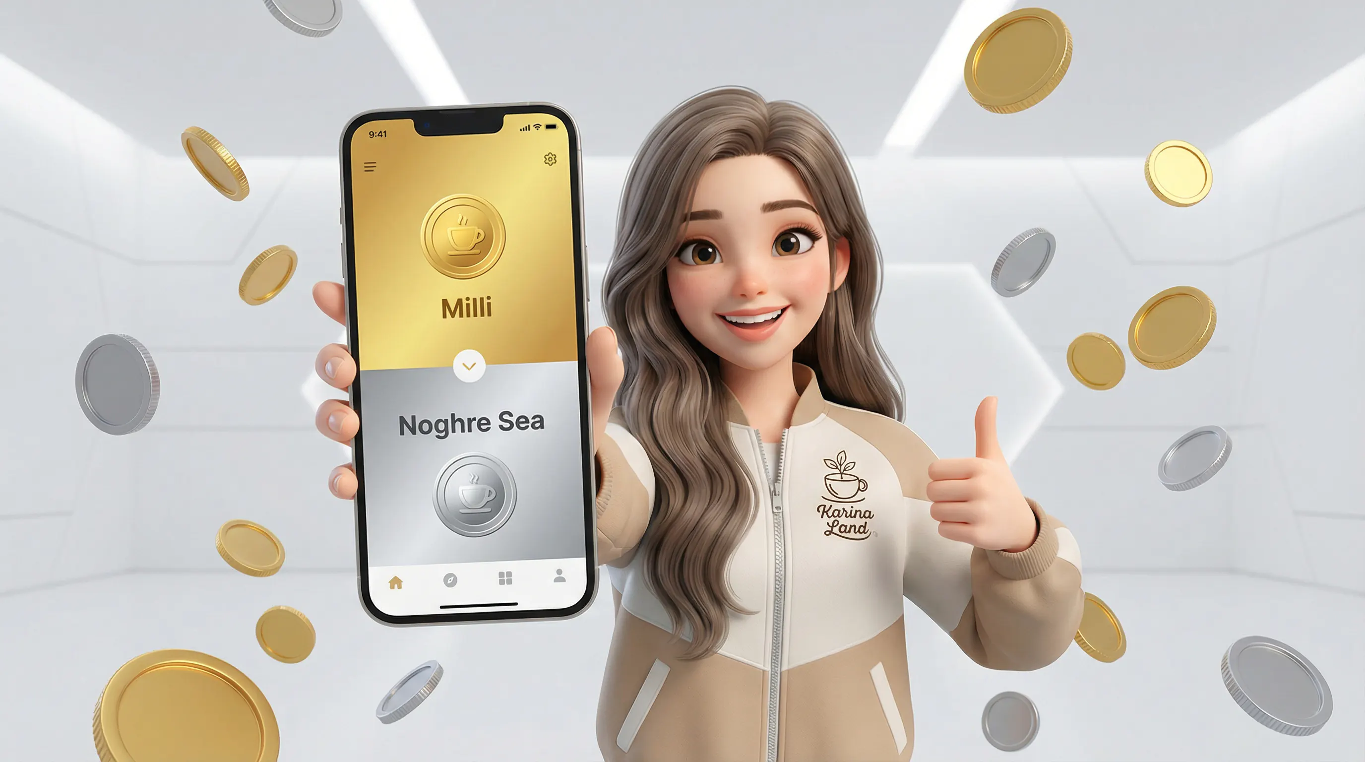 کارینا در حال معرفی اپلیکیشن‌های میلی و نقره سی برای سرمایه‌گذاری آنلاین طلا و نقره با موبایل.