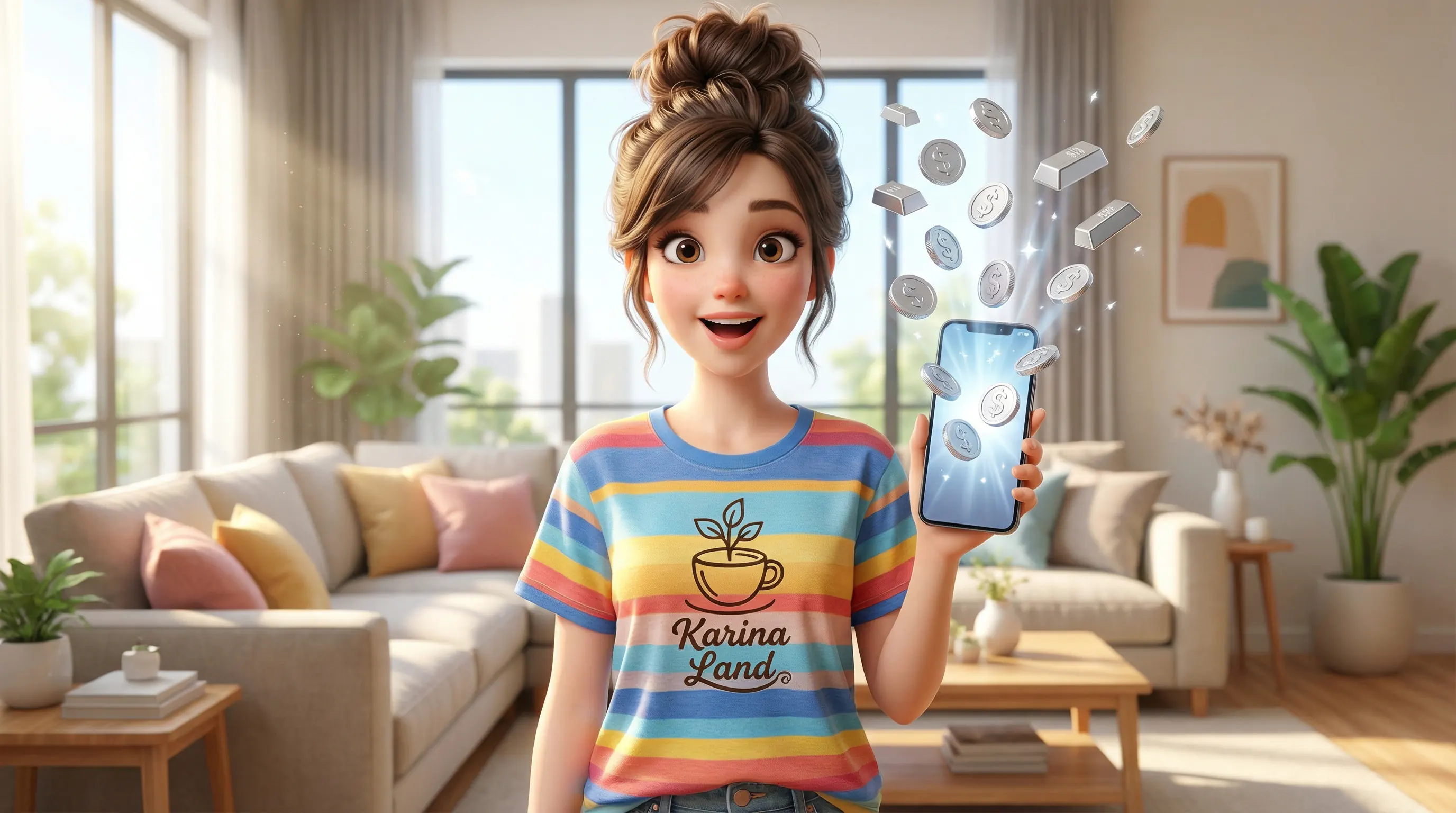 کارینا با گوشی موبایل در دست در حال خرید آنلاین نقره از اپلیکیشن با سرمایه کم