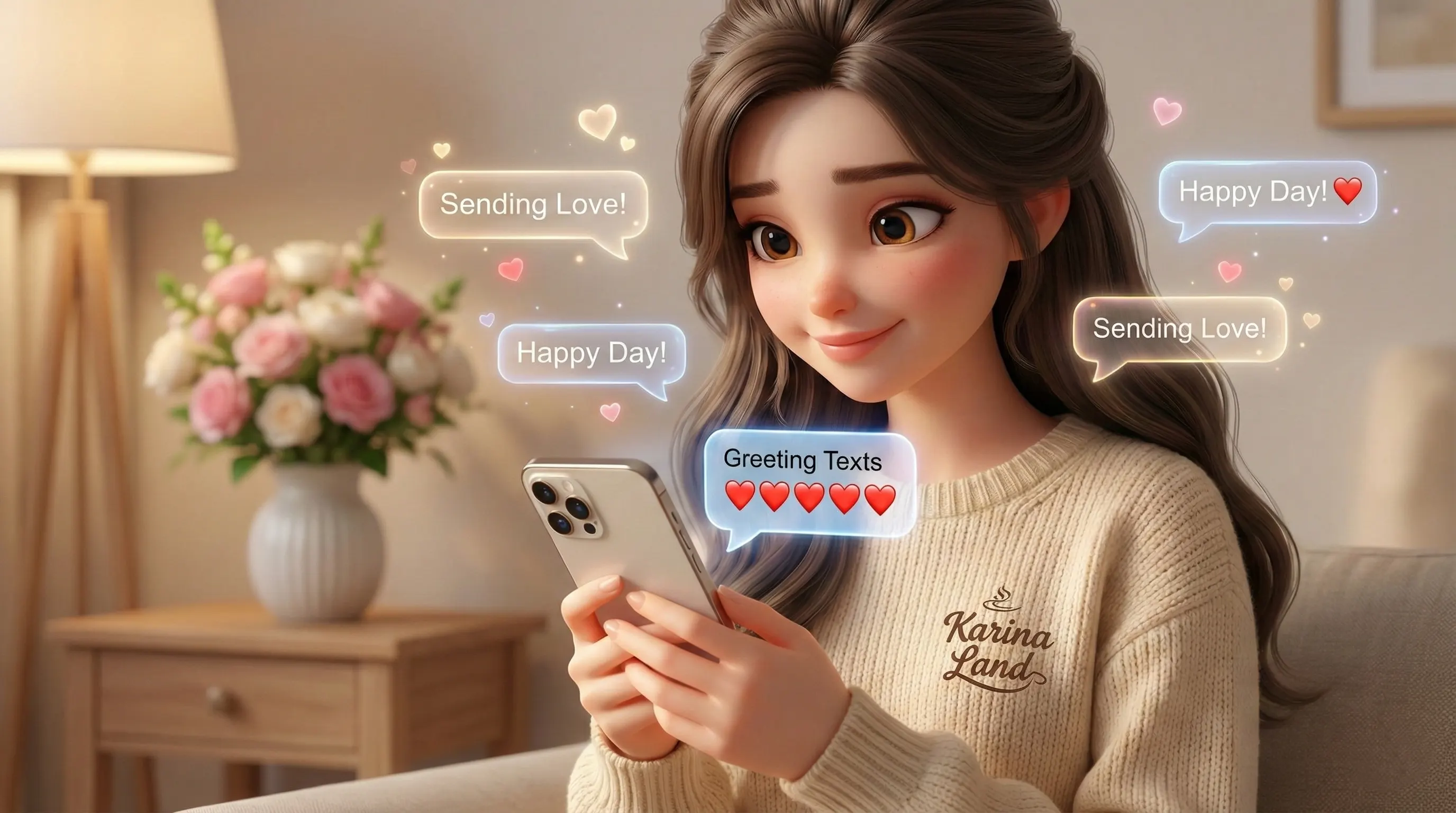 کارینا در حال ارسال پیامک تبریک روز پدر و ولادت حضرت علی با موبایل