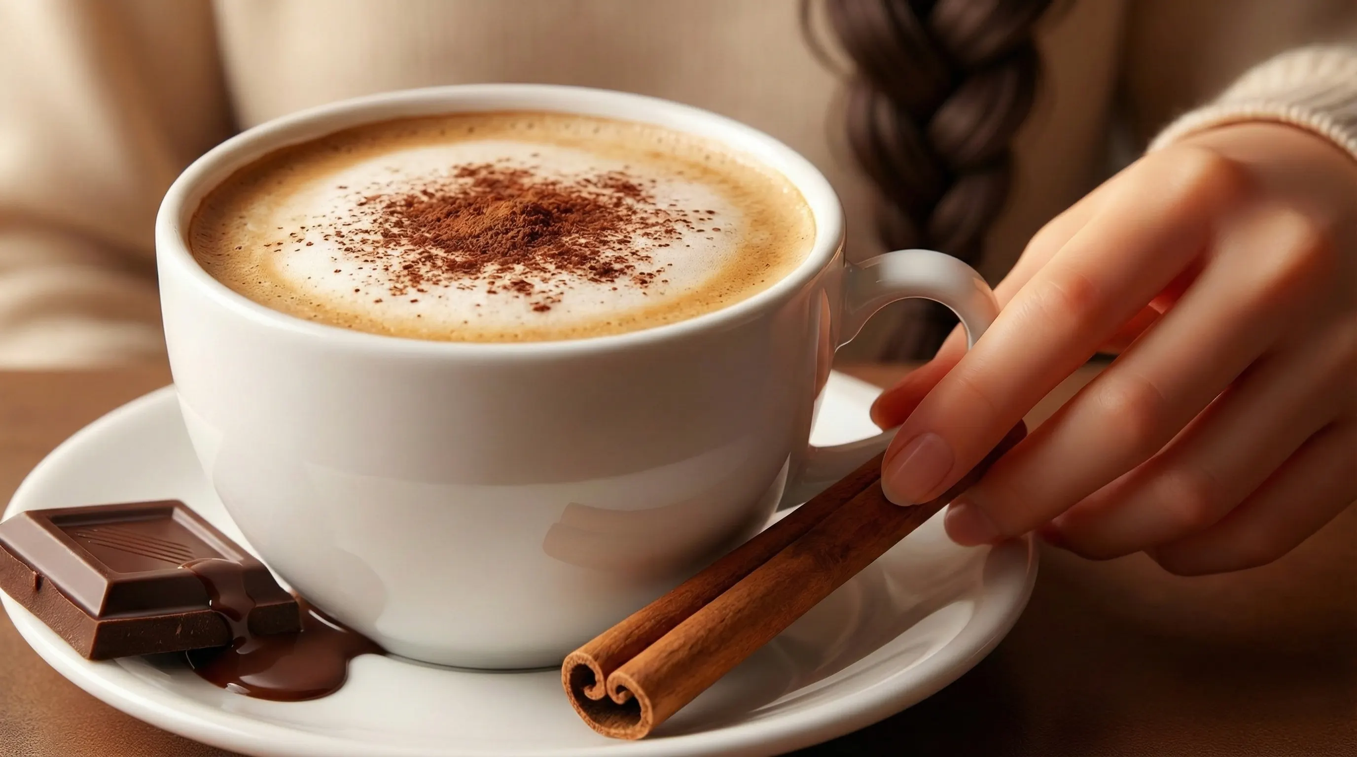 ترکیب کلاسیک و محبوب: یک فنجان قهوه اسپرسو با چوب دارچین و تکه شکلات تلخ برای طعم و سلامتی.
