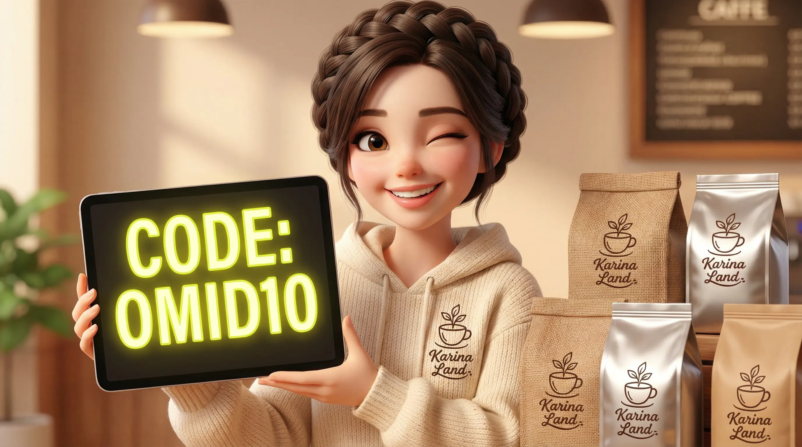 کد تخفیف خرید قهوه: کارینا با لبخند کد تخفیف ۱۰ درصدی OMID10 را برای خرید انواع قهوه نشان می‌دهد.