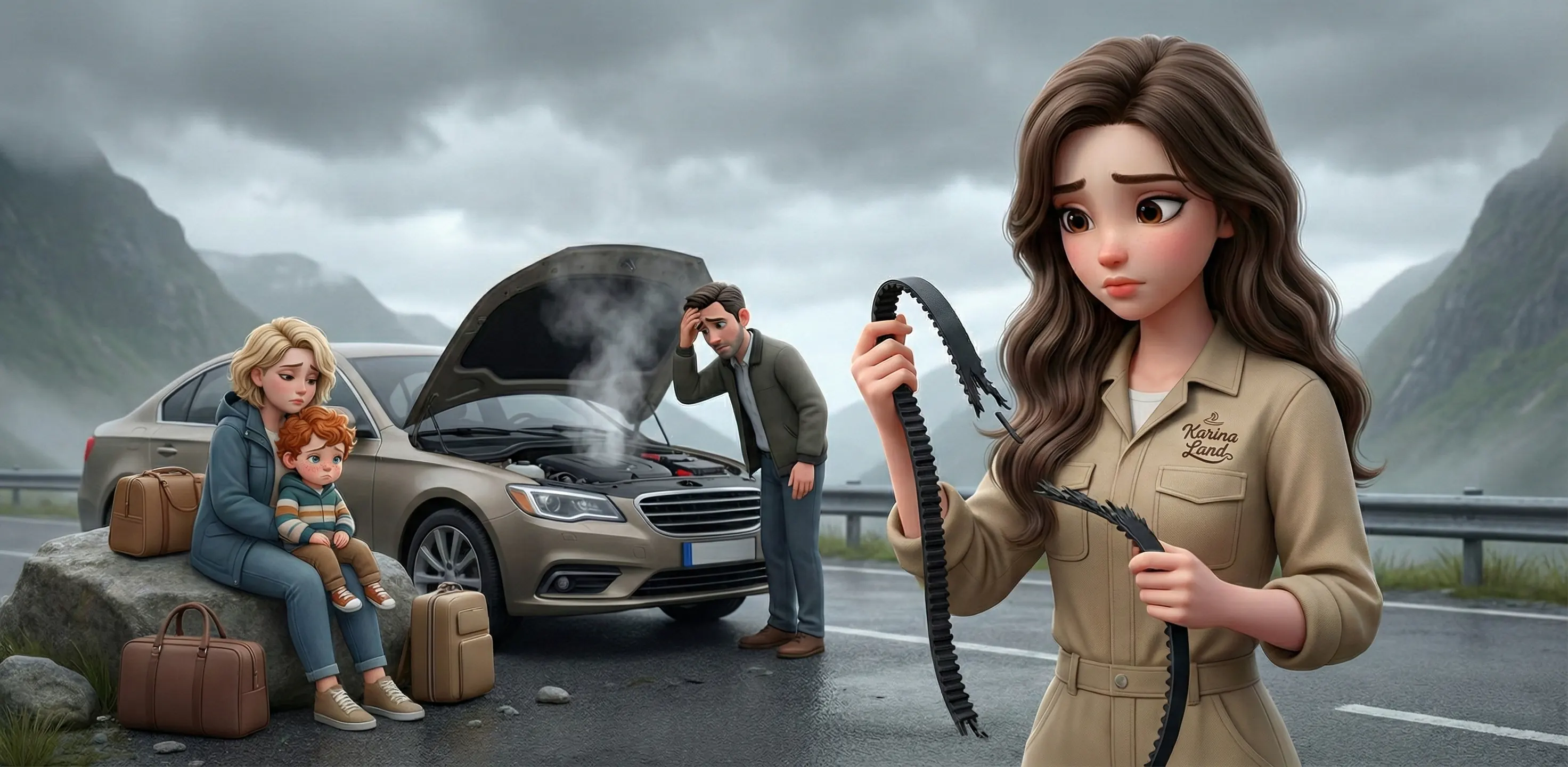 کارینا درحال نگاه کردن به تسمه تقلبی که در وسط جاده چالوس پاره شده است و سرنشینان خودرو در جاده مانده اند