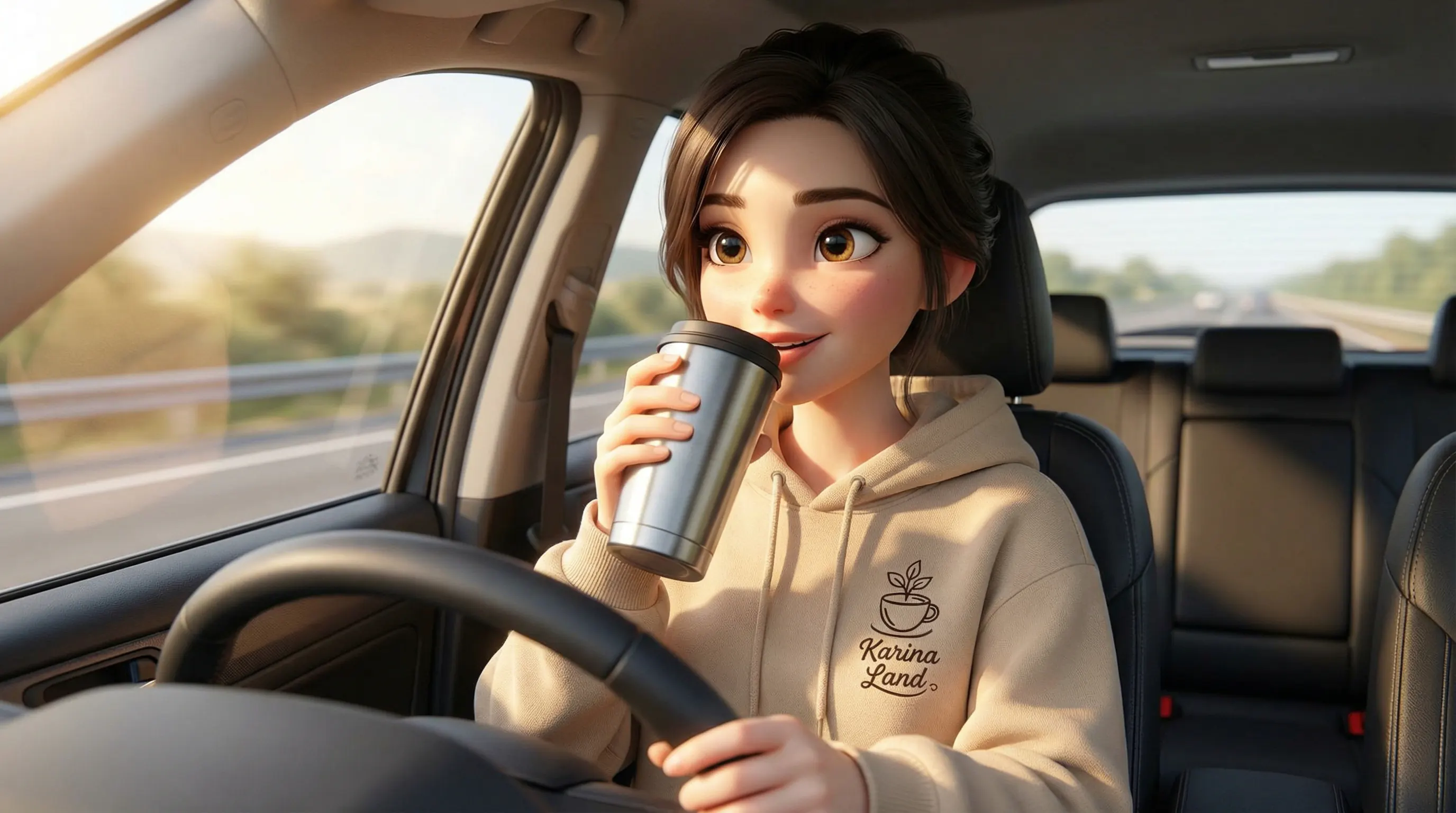 کارینا در حال نوشیدن قهوه در خودرو برای جلوگیری از خواب آلودگی و افزایش تمرکز