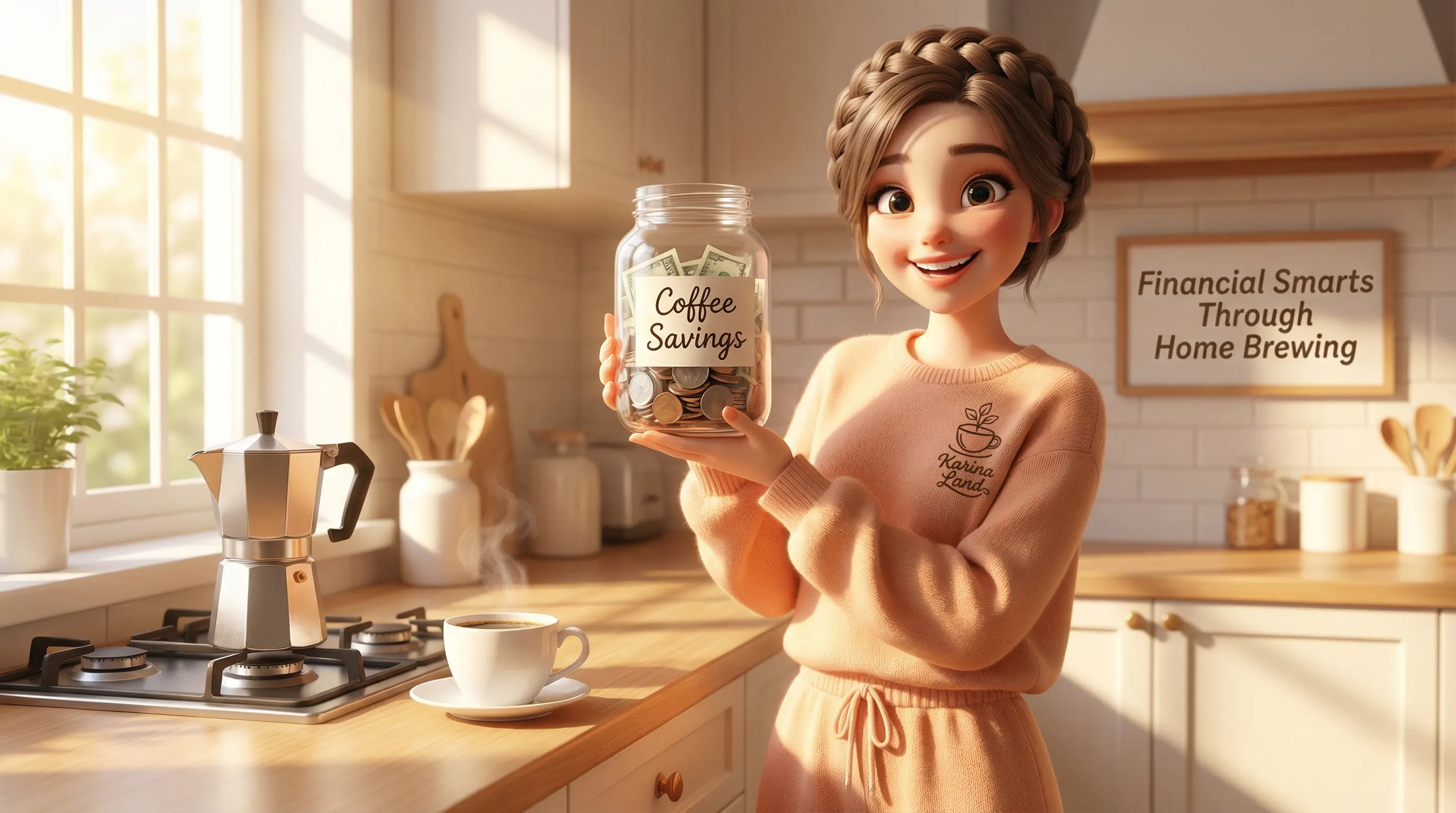 کارینا با خوشحالی شیشه پس‌انداز حاصل از درست کردن قهوه در خانه را به جای رفتن به کافه نشان می‌دهد.