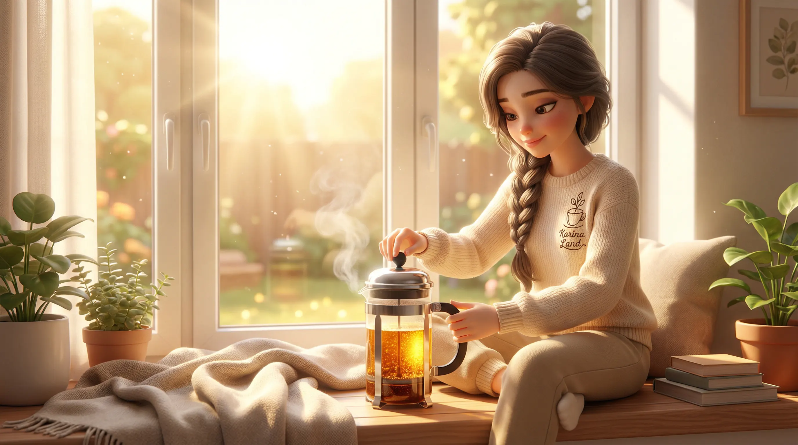 کارینا در حال آماده سازی قهوه فرانسه با دستگاه فرنچ پرس در فضایی آرام