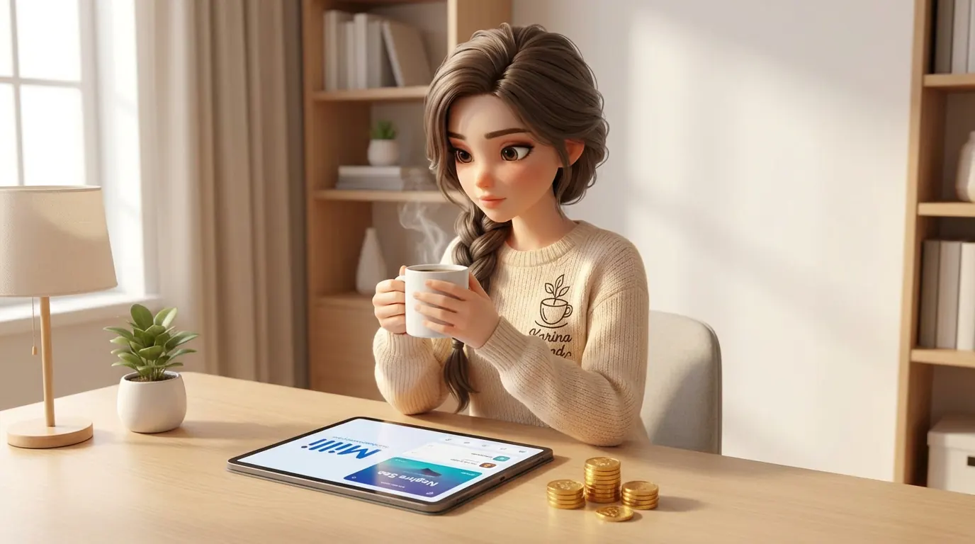 کارینا با تمرکز بالا در حال کار با اپلیکیشنهای مالی؛ نوشیدن قهوه فول کافئین کارینالند برای دقت در جابجایی سرمایه.