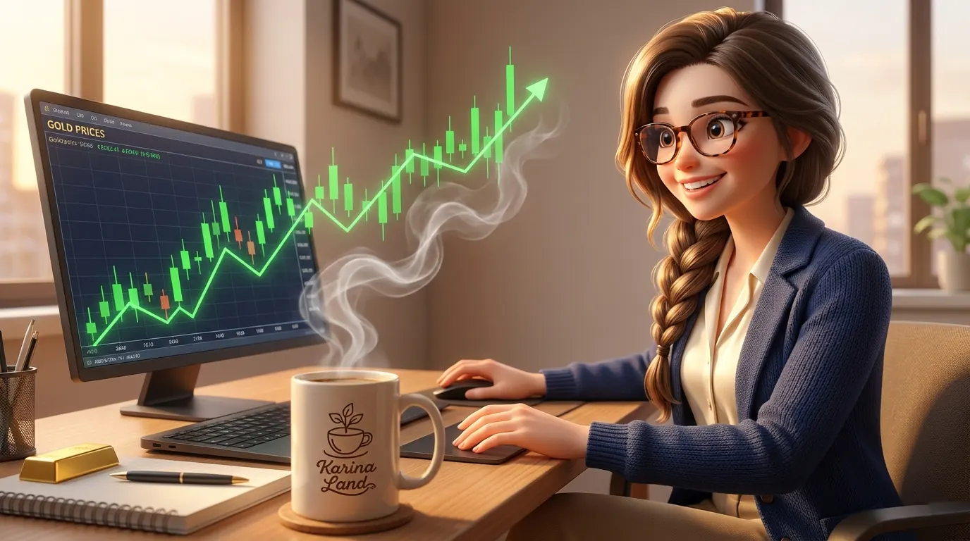 کارینا در حال رصد نمودارهای صعودی بورس و طلا در لپ‌تاپ، همراه با نوشیدن قهوه کارینالند برای افزایش تمرکز.