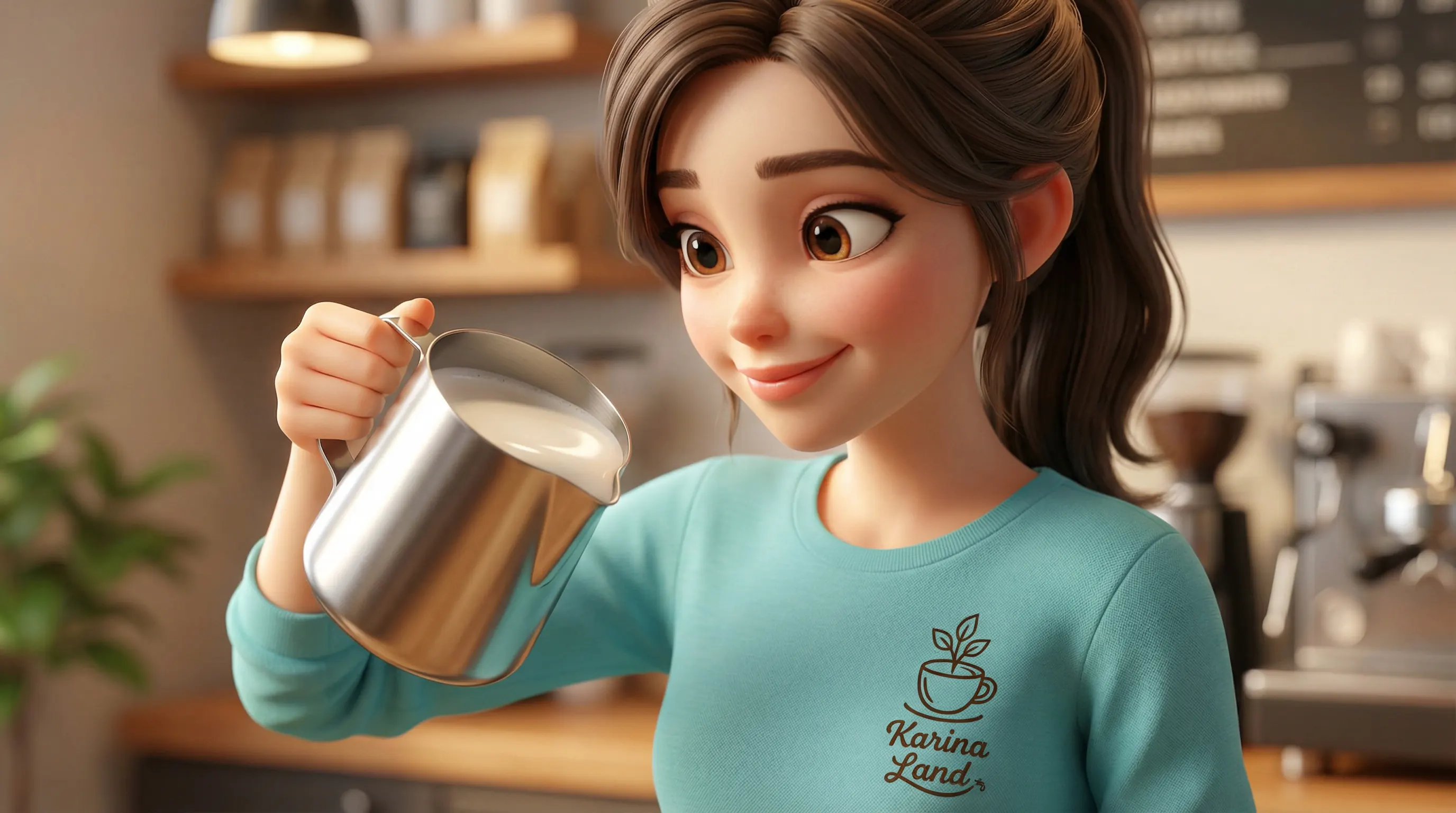  کارینا در حال بررسی کیفیت فوم شیر (میکروفوم) براق در پیچر استیل برای لاته آرت