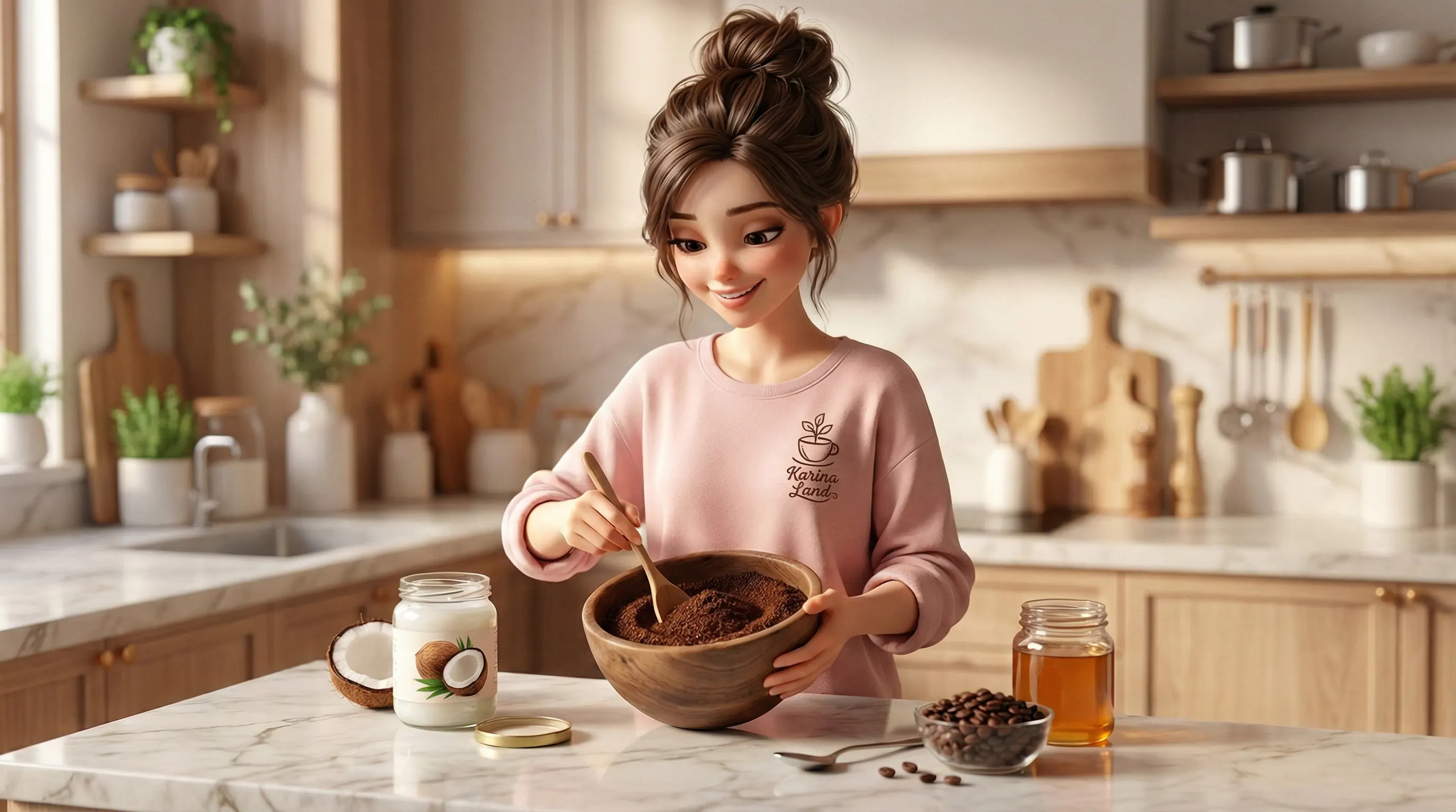 کارینا در حال درست کردن اسکراب بدن با تفاله قهوه و روغن نارگیل در خانه