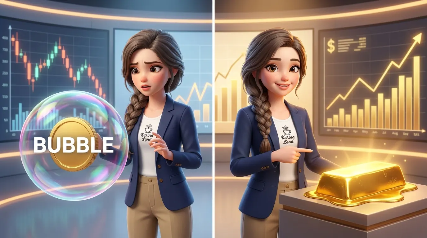 کارینا در حال مقایسه سکه حباب‌دار و طلای آب‌شده خالص؛ هشدار درباره حباب قیمت سکه.