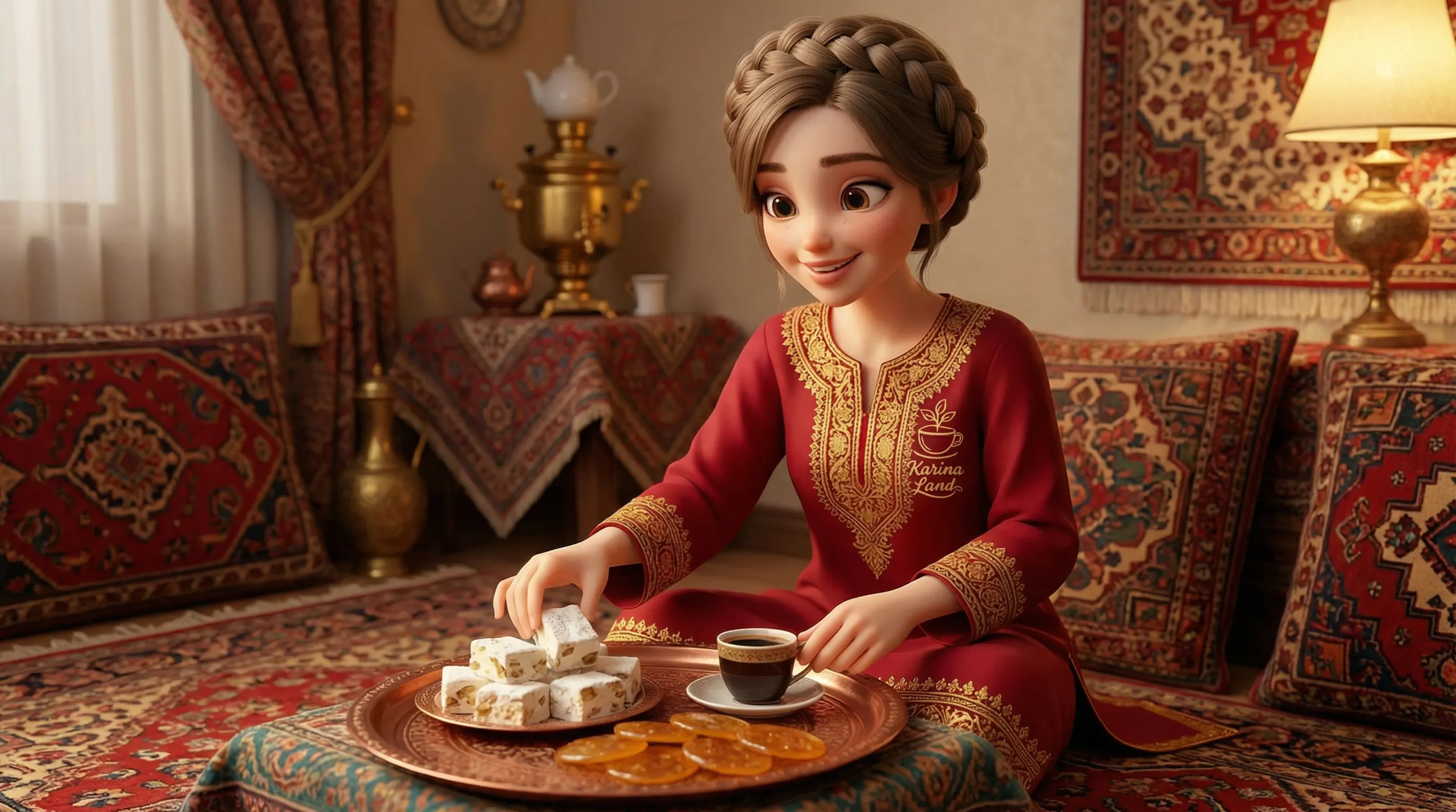 کارینا در حال لذت بردن از ترکیب سنتی گز و پولکی اصفهان با یک فنجان قهوه اسپرسو غلیظ و تلخ روبوستا.