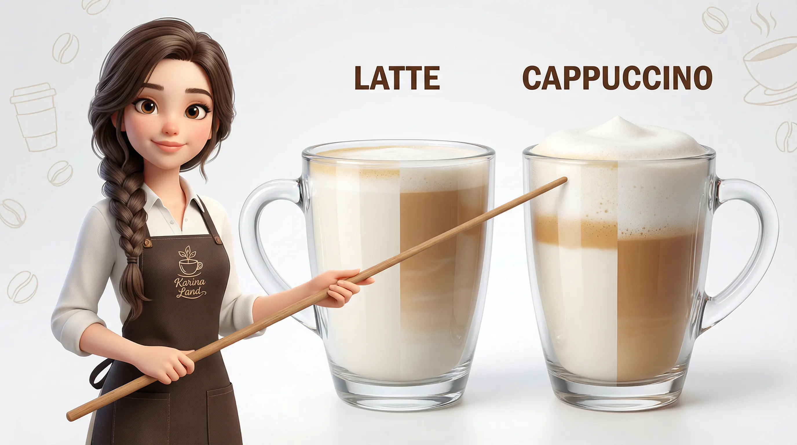 مقایسه لاته و کاپوچینو: کارینا لایه‌های شیر و فوم را در برش مقطعی لیوان نشان می‌دهد.