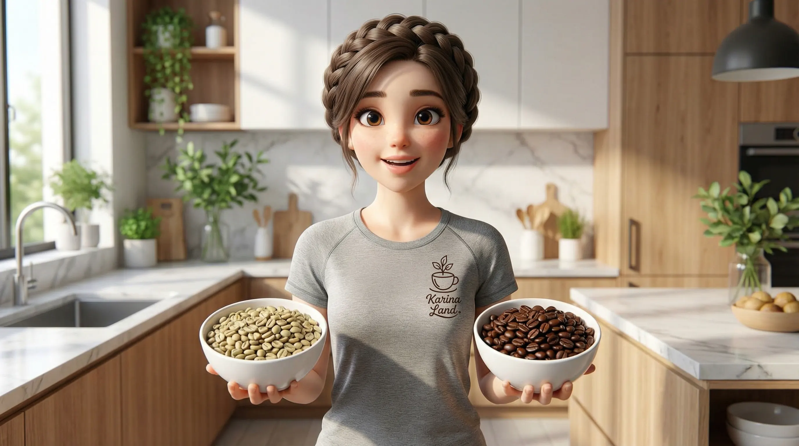 کارینا در حال مقایسه دانههای قهوه سبز خام (چربیسوز) و قهوه رست شده (انرژیزا)