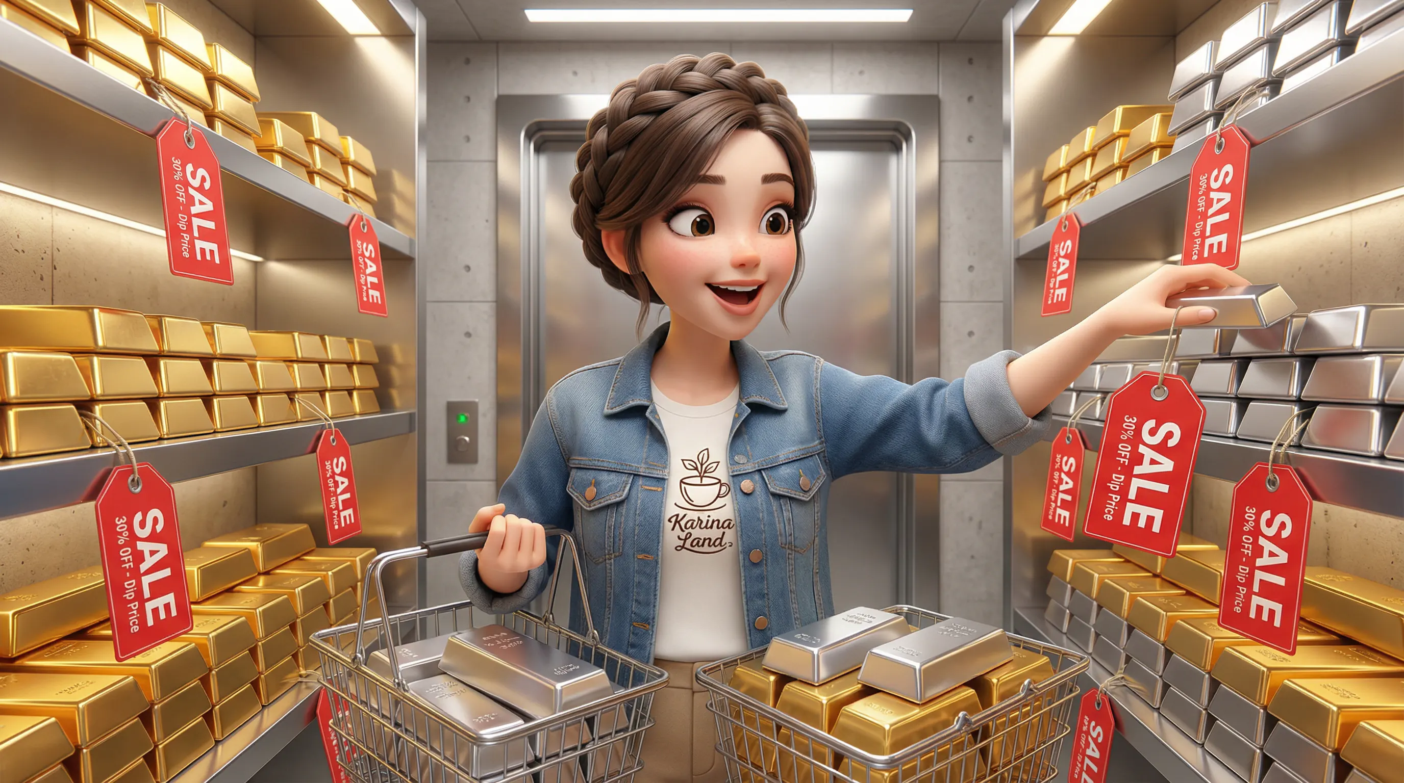 کارینا در حال خرید شمش‌های طلا و نقره که برچسب تخفیف قرمز خورده‌اند؛ استفاده از فرصت اصلاح بازار.