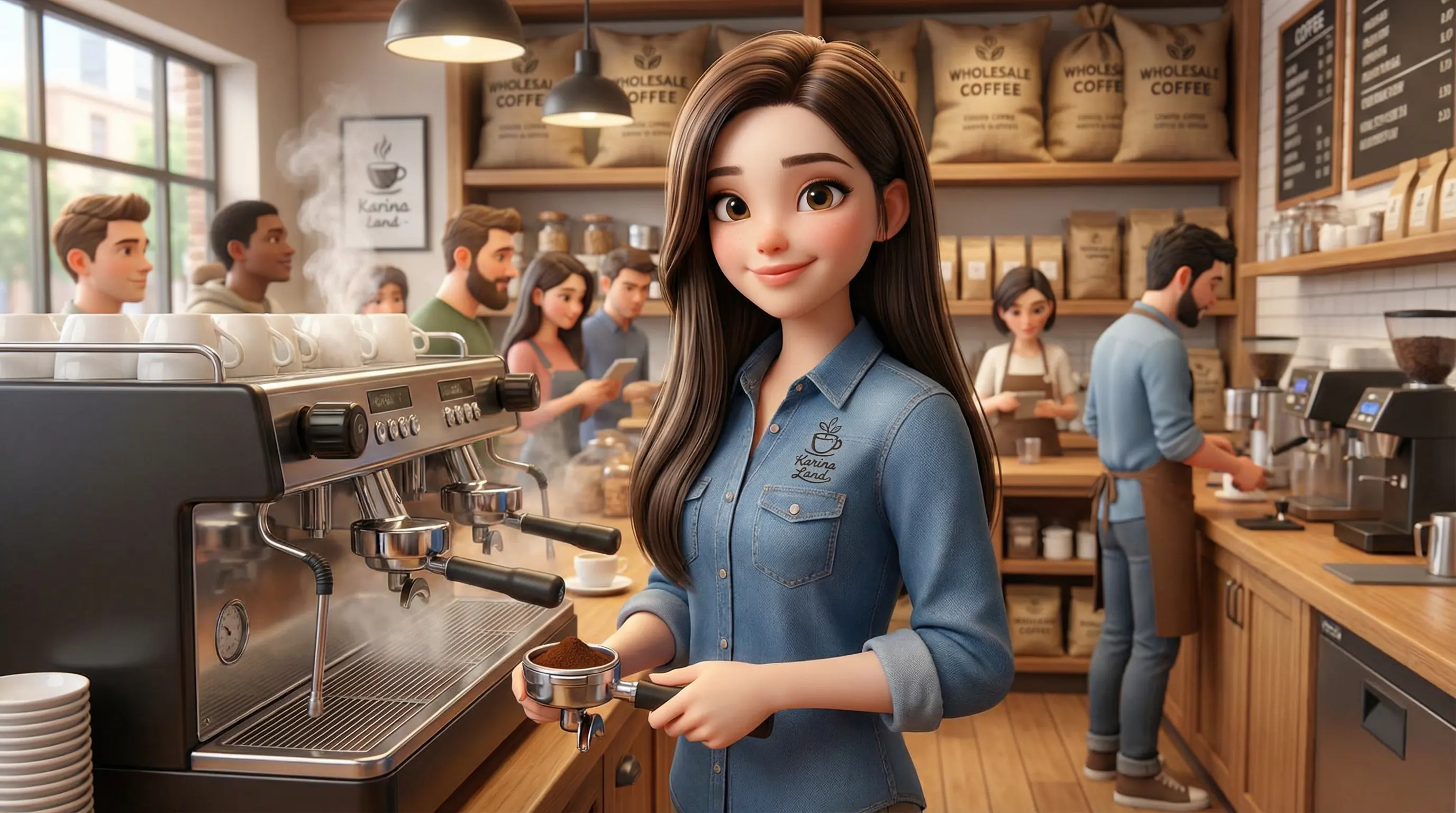 کارینا در حال کار با دستگاه اسپرسو صنعتی در کافه با پس‌زمینه کیسه‌های قهوه عمده کارینالند