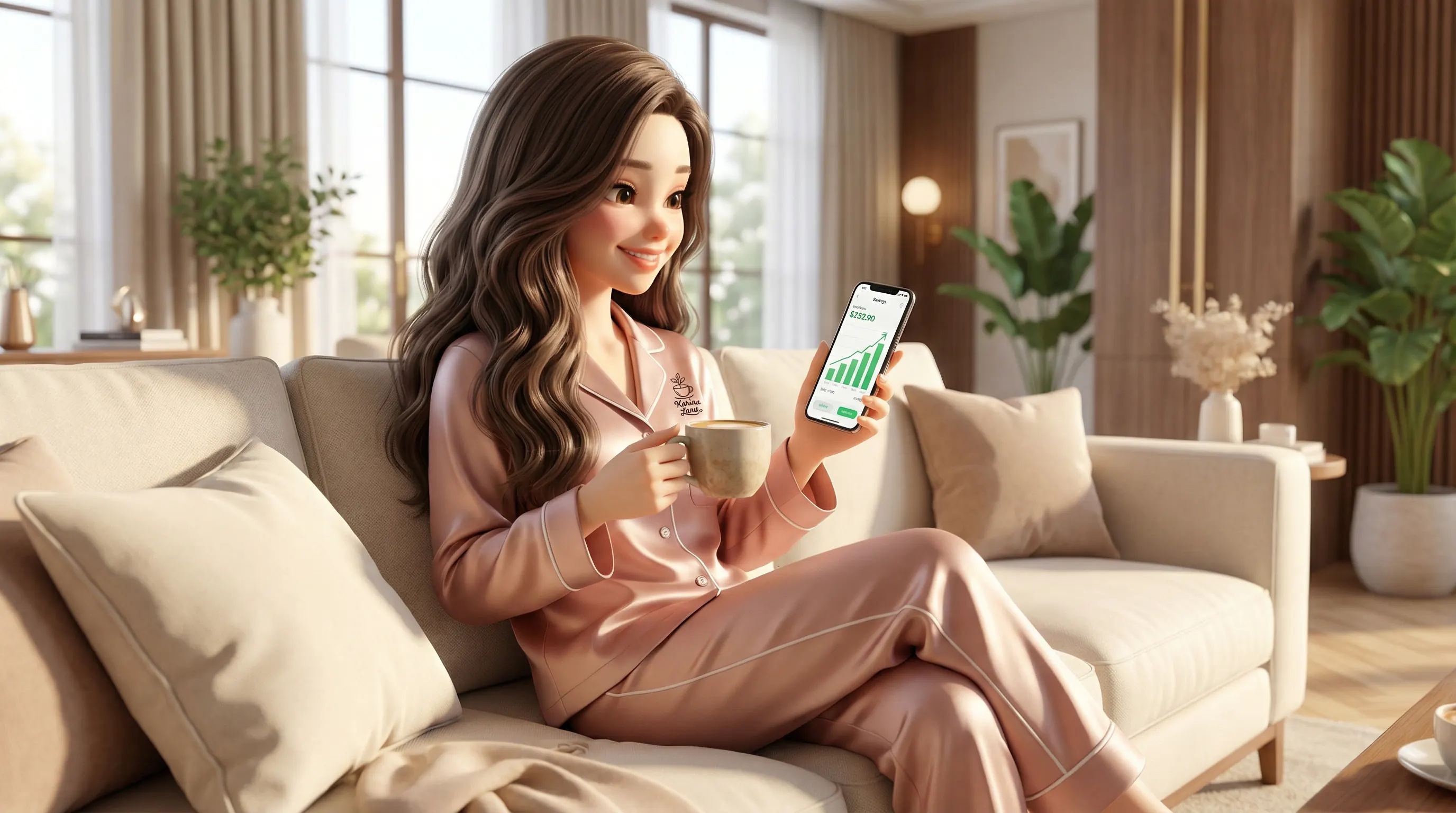کارینا با آرامش و لبخند در حال نوشیدن قهوه خانگی و بررسی نمودار رشد پس‌انداز مالی در موبایل.