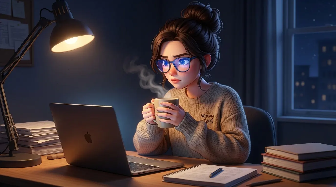 قهوه مناسب برای شب‌کاری و فریلنسرها: کارینا در حال نوشیدن قهوه روبوستا برای حفظ تمرکز در ساعات کاری طولانی.