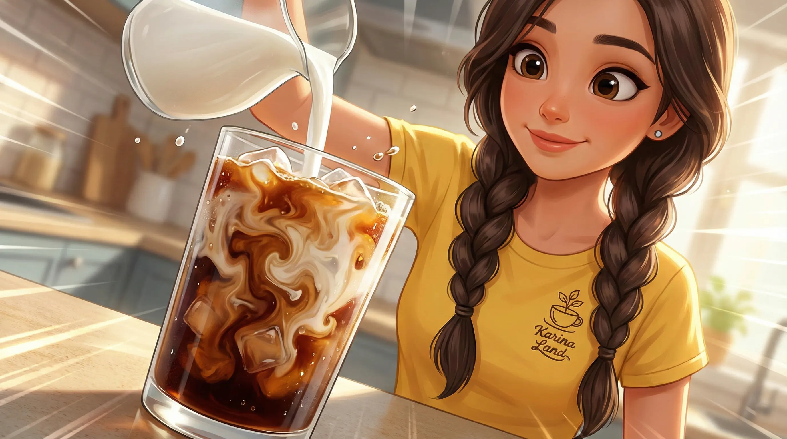 تکنیک لایه‌لایه کردن آیس کافی: آموزش تصویری ترکیب شیر و اسپرسو توسط کارینا برای ظاهر جذاب کافه‌ای.