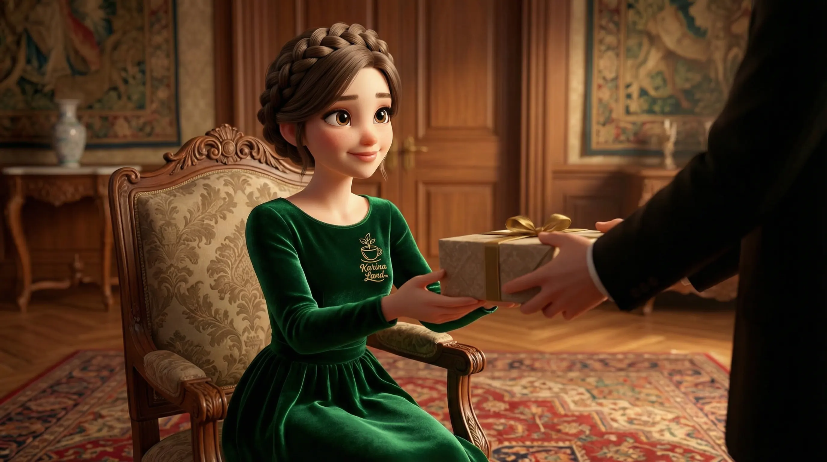 کارینا با لباس مخمل سبز در حال دریافت هدیه سپندارمذگان از همسرش در فضایی سنتی و گرم.