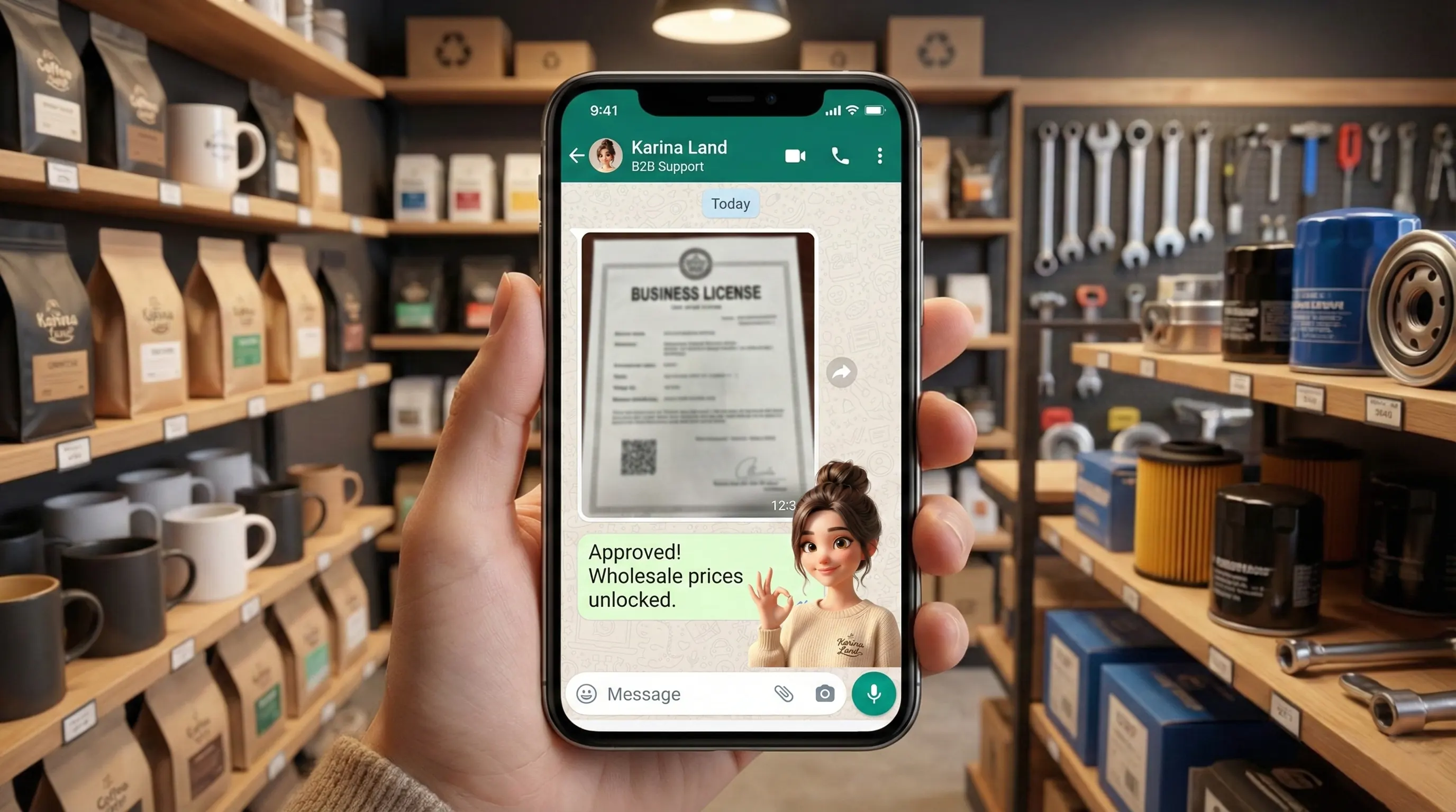 نمایش فرآیند ساده تایید مدارک همکاری و ثبت سفارش عمده از طریق واتساپ در موبایل با پشتیبانی آنلاین کارینالند.