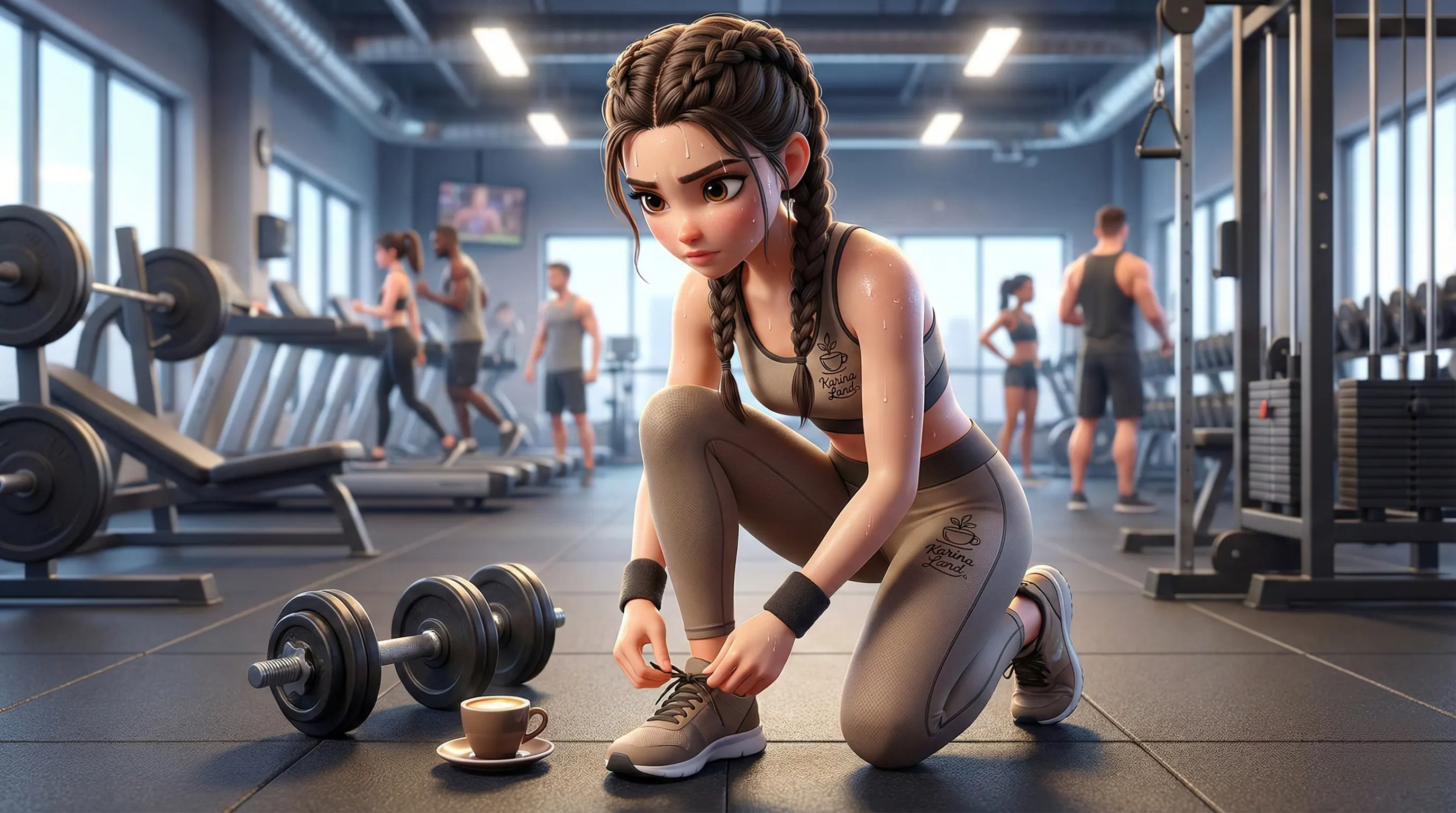 قهوه قبل از تمرین: کارینا در باشگاه با انرژی بالا پس از مصرف قهوه فول کافئین برای چربی‌سوزی بیشتر.